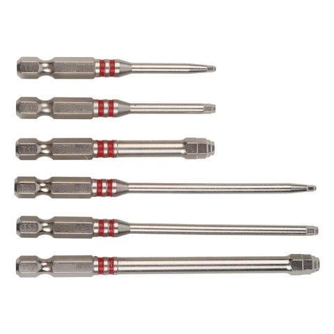 Heavy Duty Magnetic Hex Screwdriver Bits Set With Pagoda Torque Tip 6 Piece Multi Size Kit Built To Fit Electric Drills And Wrenches Perfect For Pro Pros And Weekend Warriors Who Need Serious Grip And Quick Fixes. six steel bits with red rings, 65mm and 100mm lengths
