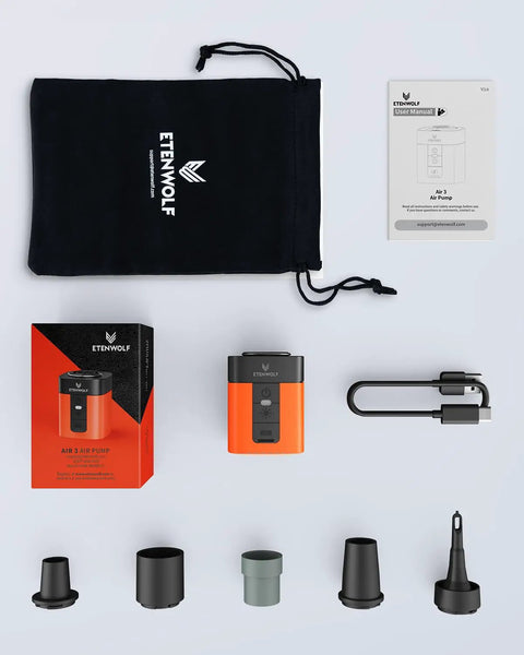 Tiny But Mighty Portable Air Pump For Inflatables With 2600mAh Battery And Camping Light, shown with accessories and packaging