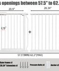 Diagram showing Super Wide Baby Gate 57.5 to 62 Inch White Metal Pressure Mounted Indoor Safety Gate with dimensions and components.