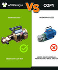 Comparison of heavy-duty cast iron oil pump with embossed logo versus lower-grade oil pump without logo.