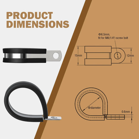 Heavy Duty Cable Clamps Kit, 100 Piece Set in Ten Sizes for Pipe, Hose, and Wire Management, Stainless Steel with Rubber Liner, product dimensions