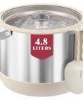 Keep It Frosty 4.8 Liter Insulated Ice Bucket With Snug Fit Lid And Drop Handle Scoop in white and silver detailing.