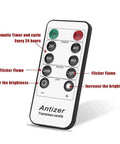 Remote control for Nine Piece Flameless LED Wax Pillar Candles Set With Remote Timers, showing button functions and features.