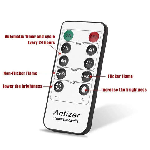 Remote control for Nine Piece Flameless LED Wax Pillar Candles Set With Remote Timers, showing button functions and features.