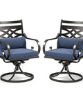 Outdoor Swivel Chairs Set Of 2 With Blue Cushions - Wrought Iron Patio Dining Chairs, all weather heavy-duty black metal seating