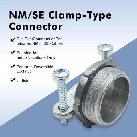 NM/SE clamp-type connector zinc alloy with screws, UL listed, 24 Pack 3/8 Inch Clamp Type Cable Connectors UL Listed Zinc Alloy for Metallic Conduit and Metal Electrical Boxes Wire Clamps Durable Pro Grade Kit Heavy Duty.