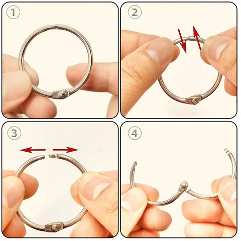 Instructions for opening 40 Pack 1 Inch Binder Rings With Metal Single Hole Punch Nickel Plated Steel Rings For Index Cards And Flash Cards Silver Holds Up To 175 Sheets Of 20 Lb Paper.