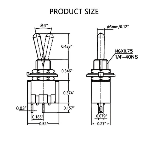 Dimensions diagram of 8 Pack SPST Mini Toggle Switches On Off 2 Terminal 2 Position 6A 125V 3A 250V For DIY Car Dash And Electronic Projects Dope Value Pack Durable Solder Friendly Terminals 6mm Mount Hole 13x7x32mm Size.
