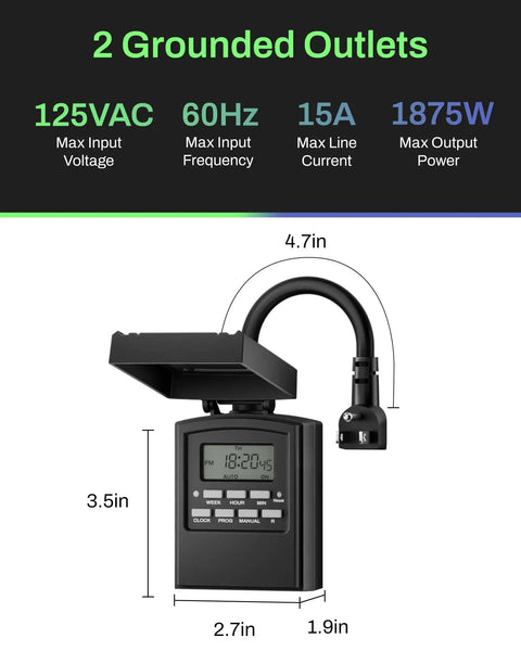 Outdoor Heavy Duty Digital Programmable Timer With Two Grounded Outlets, Waterproof, 7 Day Scheduling, 8 On And Off Programs, Easy Set And Go For Christmas Lights, 15A 0.5HP, ETL Listed