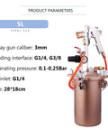 5L Paint Pressure Pot Kit With Regulator, Gauge, 3mm Spray Gun, 6 Holes, 5m Air And Fluid Tubing, DIY Workshop Use