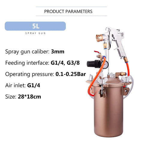 5L Paint Pressure Pot Kit With Regulator, Gauge, 3mm Spray Gun, 6 Holes, 5m Air And Fluid Tubing, DIY Workshop Use