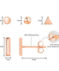 Rose Gold Unisex Stud Earrings Set For Women And Men 4 Pairs Of Dope Comfortable Studs In Circle Triangle Ball Shapes With 7.5mm Bars And 10mm Posts Easy Secure Butterfly Backs Hypoallergenic And Safe Everyday Wear. 925 sterling silver posts, 5mm and 7.5mm sizes