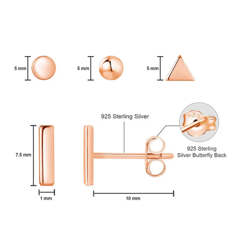 Rose Gold Unisex Stud Earrings Set For Women And Men 4 Pairs Of Dope Comfortable Studs In Circle Triangle Ball Shapes With 7.5mm Bars And 10mm Posts Easy Secure Butterfly Backs Hypoallergenic And Safe Everyday Wear. 925 sterling silver posts, 5mm and 7.5mm sizes