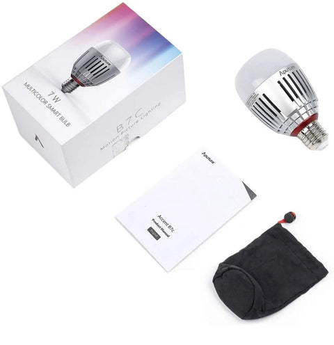 Accent B7C Smart LED Bulb 7W RGBWW Bi Color 2000K To 10000K With CCT HSI FX Modes App Control Built In Battery E26 E27 packaging, bulb, manual, and pouch