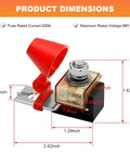 Heavy Duty MRBF Terminal Fuse Block Rated At 200 Amps And 58V DC with dimensions labeled, showing protective cap and mounting details.