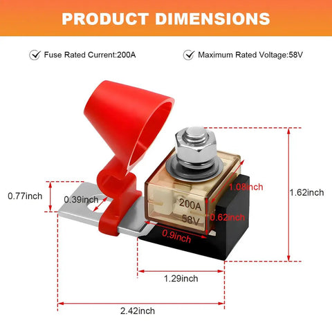 Heavy Duty MRBF Terminal Fuse Block Rated At 200 Amps And 58V DC with dimensions labeled, showing protective cap and mounting details.