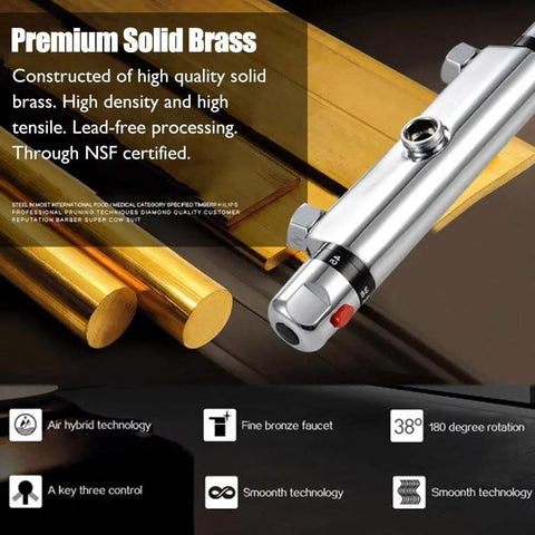 Thermostatic Shower Mixer With Wall Mount Temperature Control Valve For Hot And Cold Water Auto Balance For Quick Stable Temperature Easy Install No Fuss Shower Faucet With Durable Brass Valve depicted with brass bars