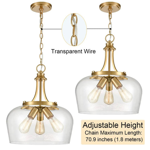 Adjustable brushed nickel semi flush mount ceiling light with 3 clear glass cylinders, chain max 70.9 in, E26 bulb sockets
