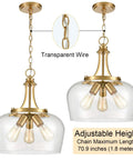 Modern 3 Light Gold Pendant Light With Clear Glass Shade, Mid Century 15 Inch Pendant Lighting, Adjustable Height Hardwired Brass Chandelier For Kitchen Island And Dining Room, showcasing chain length and transparent wire detail