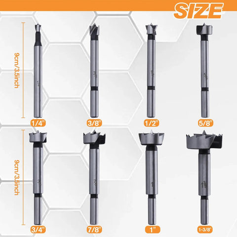 8 Piece Forstner Bit Set Kickass Heat Treated Carbon Steel Drill Bits For Wood 1/4 To 1 3/8 Inch showing various sizes from 1/4 to 1-3/8 inch.
