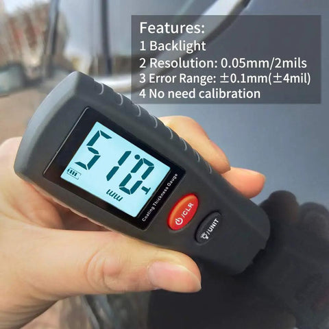 Automotive Paint Thickness Tester Gauge With High Contrast Backlit LCD 2 Mil Resolution Auto Power Off Auto Digital Calibration Data Hold Mini Size Measures Car Coatings Non Destructively Dual Unit MM Mil, handheld
