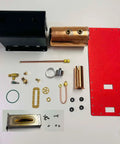 Mini Live Steam Engine And Boiler Model Kit For Adults And Teens Reversible Reciprocating Single Cylinder Educational Science Project Desk Decor And STEM Teaching Tool parts laid out