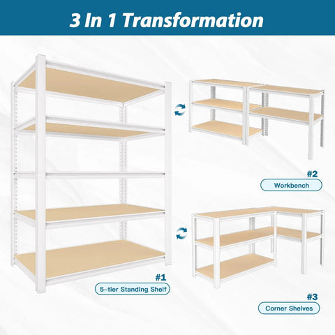 Beefy 5 Tier Metal Closet Shelving Unit With 36W 16D 72H Dimensions Industrial Steel Frame Thick FSC Certified Wood Shelves That Stay Flat Breathable And Warp Resistant Storage Organizer For Home Or Garage, 3-in-1 view