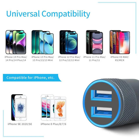 Road Ready MFi Certified Dual Port Car Charger Adapter With Snappy Coiled Cord delivers 4.8 Amp output for iPhone and Android.