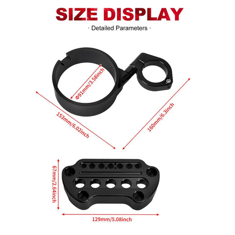Size display of Speedometer Relocation Bracket For Sportster XL 883 And XL 1200 Models with dimensions in millimeters and inches.