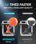 Comparison of 3D printing speeds, showing Speed Demon PETG 3D Filament 400mm/s print and regular filament at 50mm/s on FDM printer.