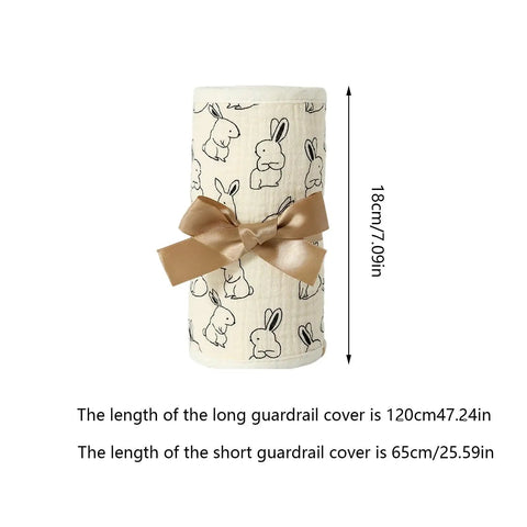 Breathable Cotton Gauze Bed Rail Teething Protector for Baby Crib, rolled with bunny pattern and beige ribbon, height 18cm