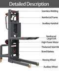 Detailed features of Heavy Duty Electric Pallet Stacker Forklift With Remote Control 661 Lbs Capacity Adjustable Forks Manual Pallet Truck Dolly.