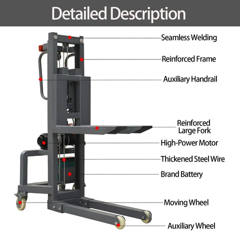 Detailed features of Heavy Duty Electric Pallet Stacker Forklift With Remote Control 661 Lbs Capacity Adjustable Forks Manual Pallet Truck Dolly.