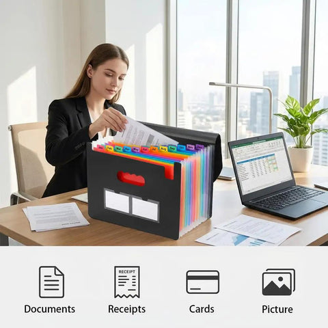 Person using 13 Pocket Expanding Accordion File Organizer With 6 Section Dividers For A4 And Letter Sized Documents in office setting.