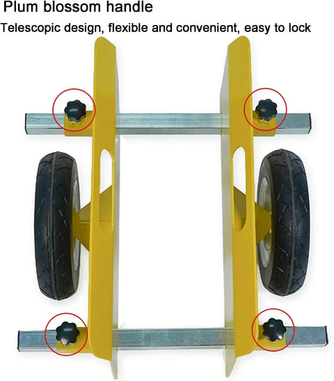 Heavy Duty Panel Dolly Cart With Adjustable Drywall Mover Design Smooth Eight Inch Rollers, showing telescopic handle and wheels.