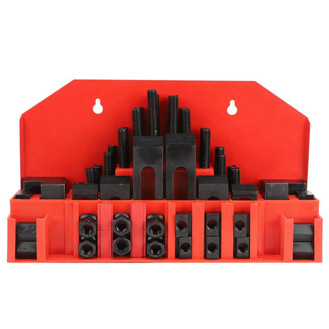 Heavy Duty 58 Piece T Slot Clamp Kit For Lathes And CNC Machines With M10 Bolts organized on red storage tray.