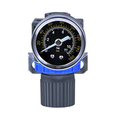 Front view of Mini Air Regulator With Gauge 1/4 Inch NPT Thread For Air Compressor And Air Tools, Precise 0-145 PSI Pressure Control