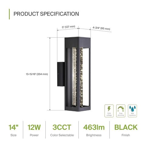 14 Inch Front Wall Light Fixture Outdoor Sconce Black 12W 600LM Waterproof Dimmable 3CCT 3000K 4000K 5000K ETL Listed