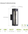 Lit Bubble Glass Tube Wall Sconce With Crystal Look, 14-inch size, black finish, 12W LED, product dimensions and features shown