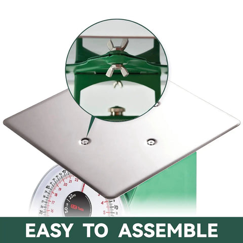 50 Lb Heavy Duty Mechanical Dial Kitchen Scale With Stainless Steel Platform showing assembly detail, easy to read dial visible