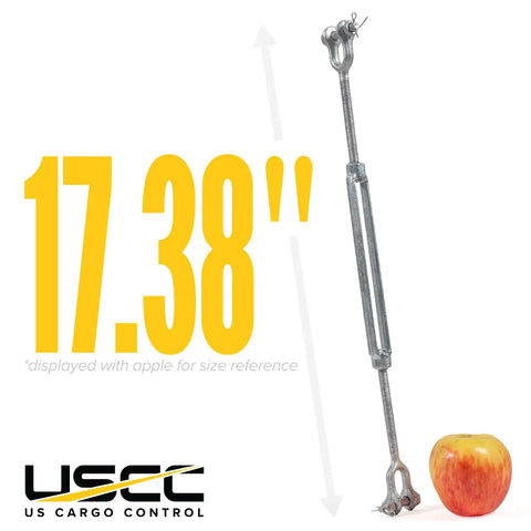 Heavy Duty Jaw And Jaw Turnbuckles Three Eighth By Six Inch 60 Pack Working Load Limit 1200 Pounds Hot Dipped Galvanized Steel shown with apple for size reference.