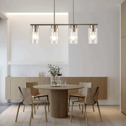 Farmhouse Style 4 Light Dining Room Fixture With Clear Glass Shades And Brushed Nickel Finish For Kitchen Island And Dining Table Lighting Upgrade Perfect For Dining Room And Kitchen Island Ambience With Easy Ceiling Mount above round dining table