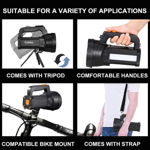 Beast Bright 600 Lumen Rechargeable Spotlight Flashlight shown with tripod, comfortable handles, bike mount, and carrying strap.