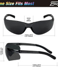 24 Pack Smoke Safety Glasses with Tinted Polycarbonate Lenses, ANSI Z87.1 Rated Eye Protection, front and side view dimensions