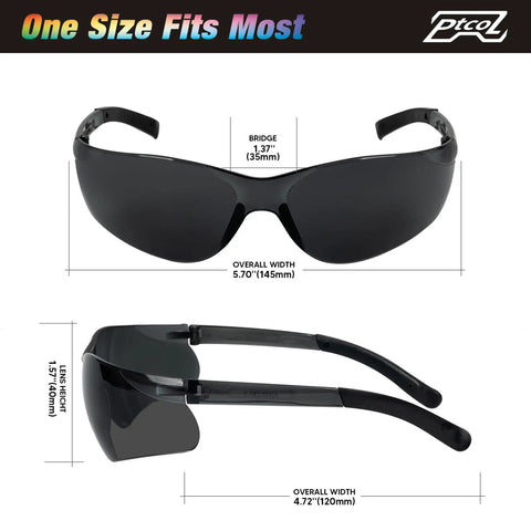 24 Pack Smoke Safety Glasses with Tinted Polycarbonate Lenses, ANSI Z87.1 Rated Eye Protection, front and side view dimensions