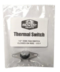 Midwest Hearth Thermal Switch for fireplace blower, 1/2-inch disk fan switch with metal mounting bracket on packaging