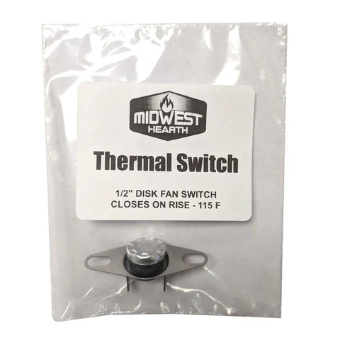 Midwest Hearth Thermal Switch for fireplace blower, 1/2-inch disk fan switch with metal mounting bracket on packaging