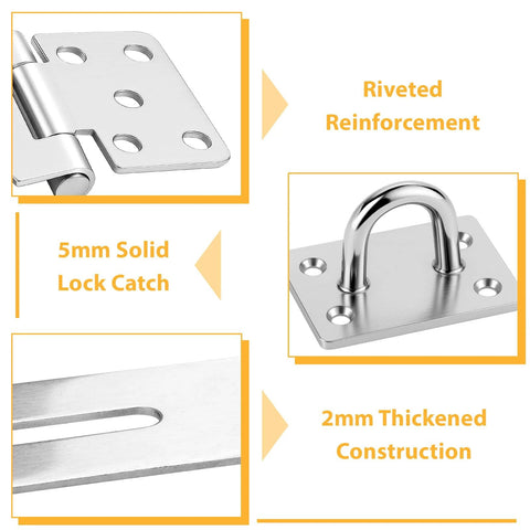 2 Pack 5 Inch Stainless Steel Door Hasps And Latches With Extra Thick Hinge Locks Brushed Finish featuring detailed specs