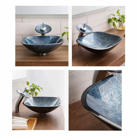Slick Square Tempered Glass Vessel Sink For Modern Bathroom Vanity Countertops, 12mm thick with smooth waterfall flow.
