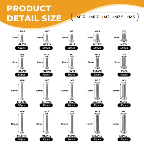 Heavy Duty 1000 Piece Phillips Pan Head Machine Screws Kit With Rust Proof Carbon Steel Fasteners sizes M1.6 to M3 shown in detail.